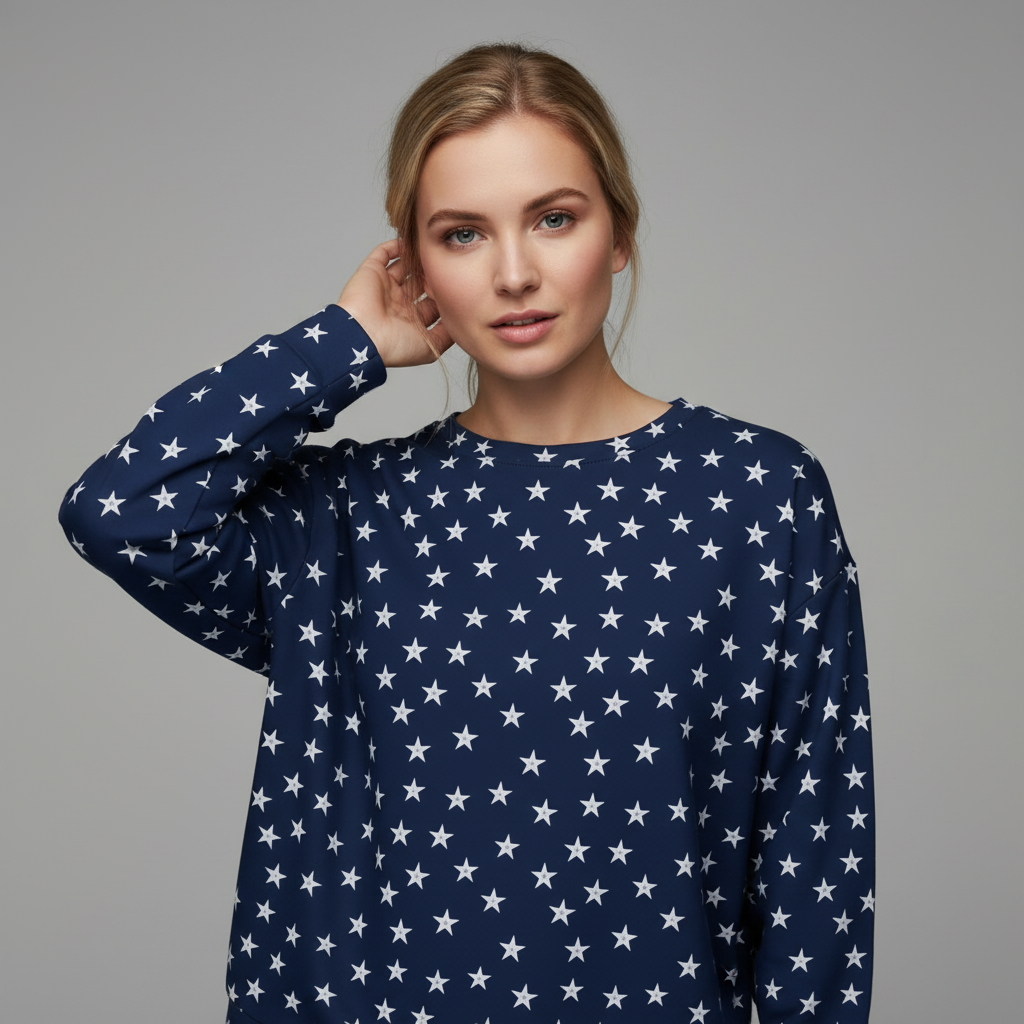 Woman wearing a navy blue sweater with white star pattern against a gray background