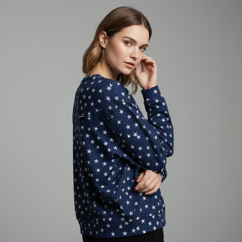 Woman wearing a navy blue sweater with white star pattern against a gray background