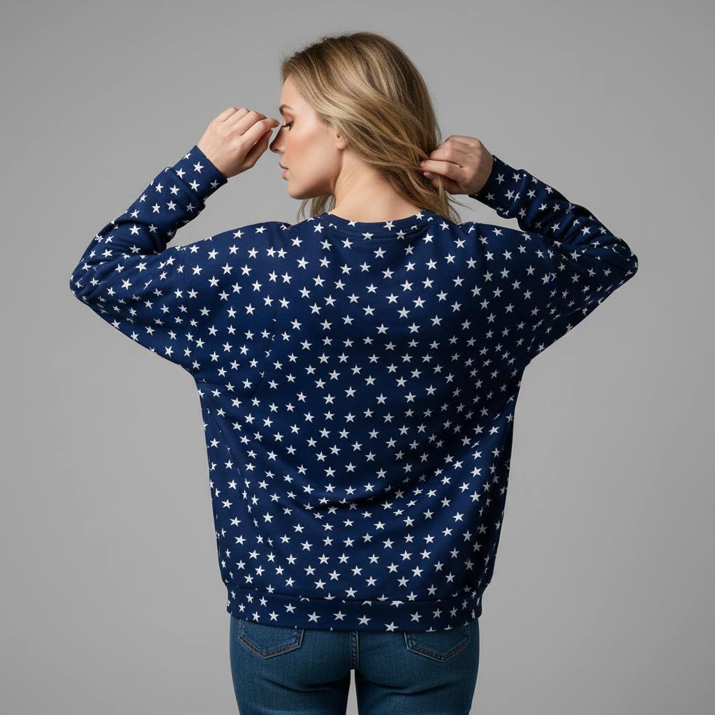 Woman wearing a navy blue sweater with white star pattern against a gray background