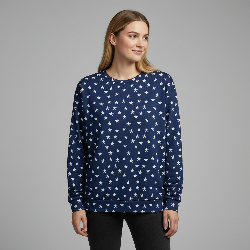 Woman wearing a navy blue sweater with white star pattern on a gray background