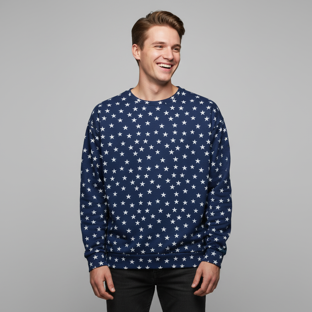 Man wearing a navy blue sweatshirt with white star pattern on a gray background