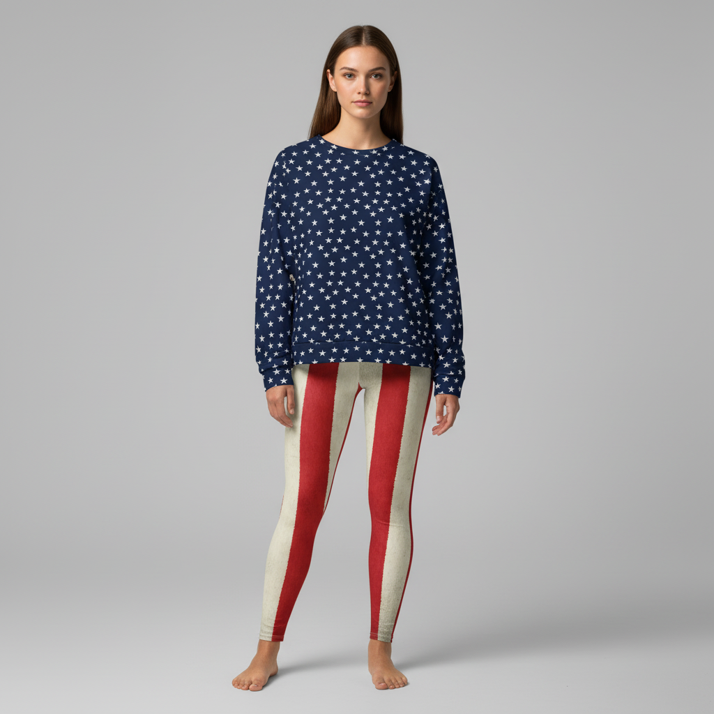 Person wearing a navy long-sleeve top with white star pattern and red, white, and blue leggings on a gray background