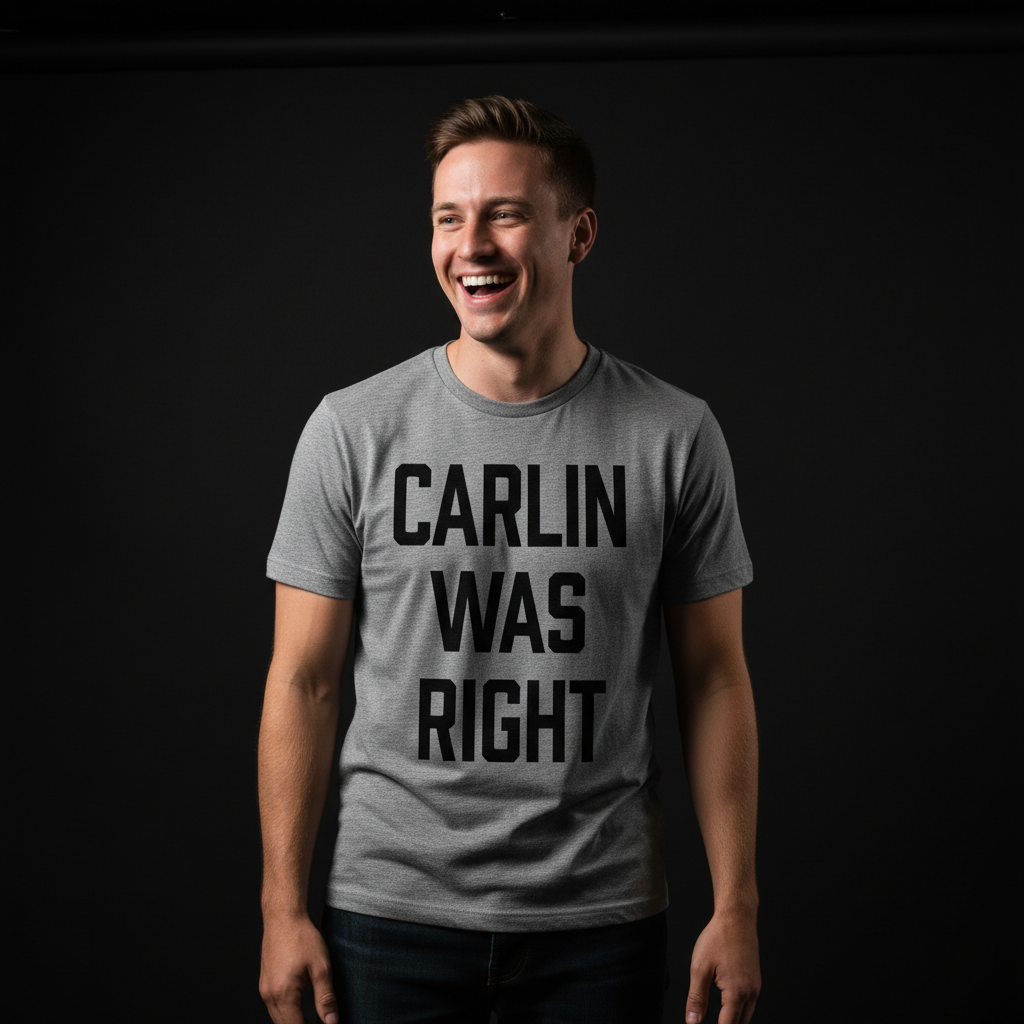 Man wearing a gray t-shirt with 'CARLIN WAS RIGHT' text on a black background