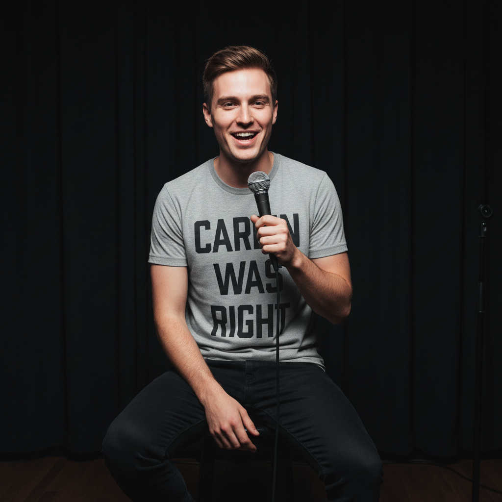 Man holding a microphone, wearing a t-shirt with text, on a dark background