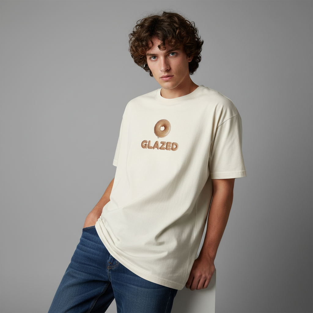 Person wearing a white t-shirt with a donut graphic and 'GLAZED' text on a gray background