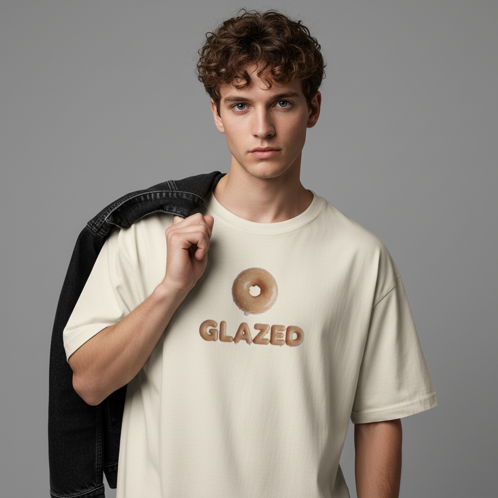 Person wearing a beige t-shirt with 'GLAZED' and a donut graphic on a gray background
