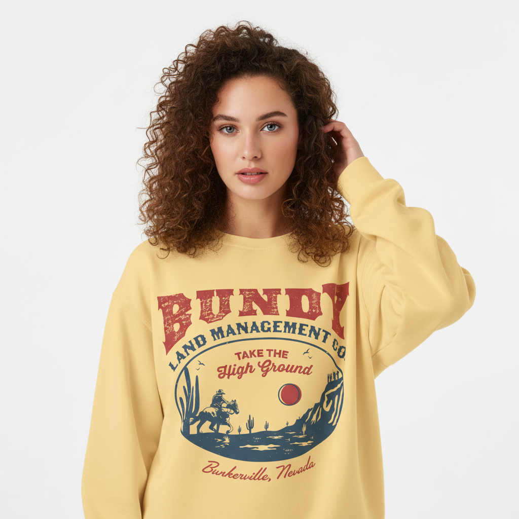 Woman wearing a yellow sweatshirt with a graphic design and text on a white background