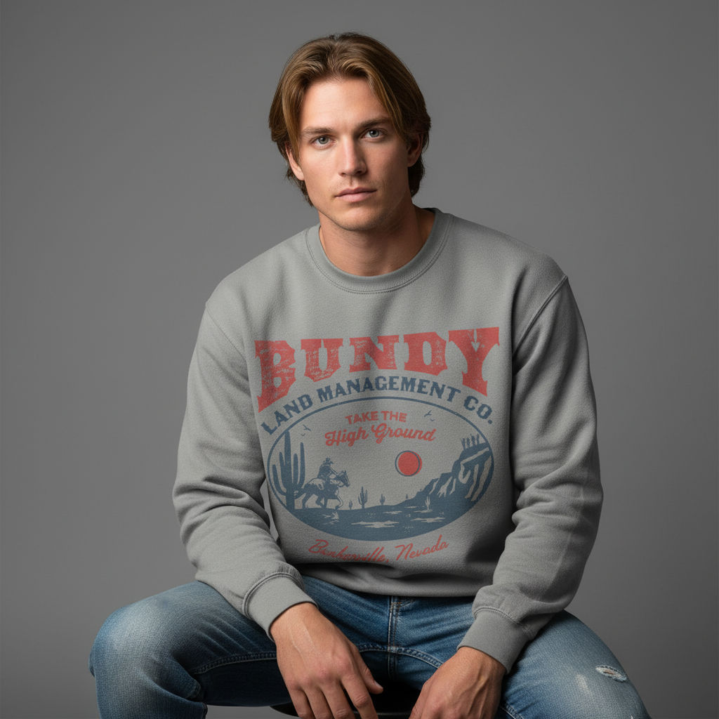 Man wearing a gray sweatshirt with 'Bundy Land Management Co.' design on a gray background