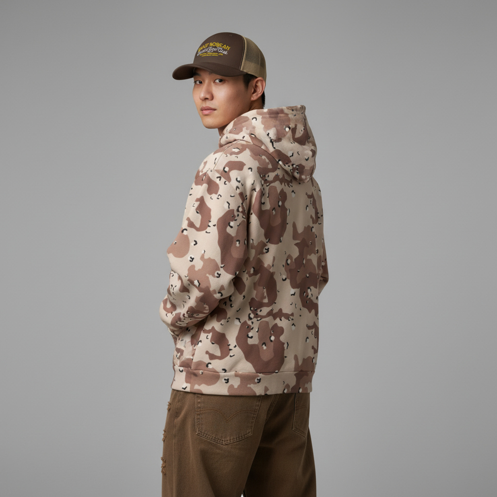 Person wearing a camouflage hoodie and cap on a gray background