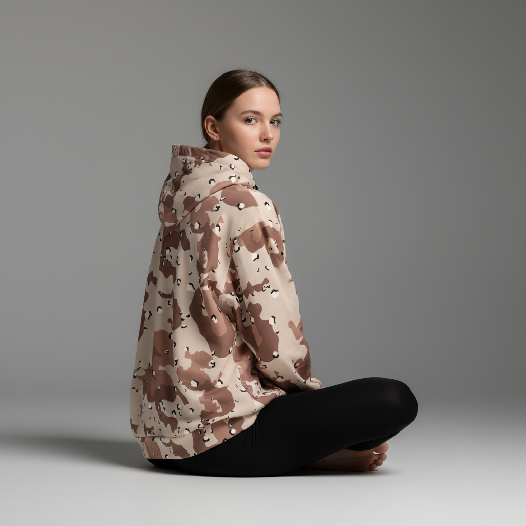Person wearing a camouflage-patterned jacket sitting on a gray background