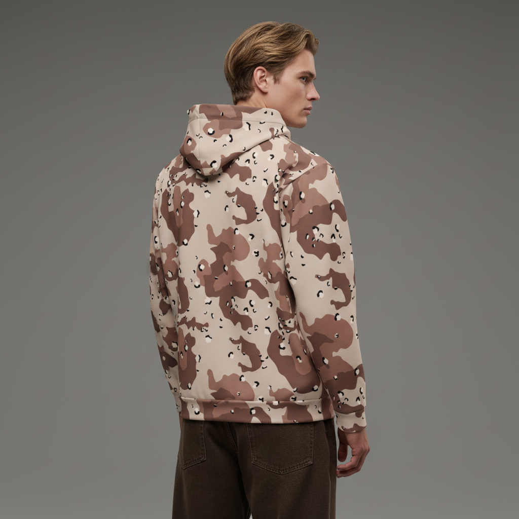 Person wearing a camouflage-patterned jacket on a gray background