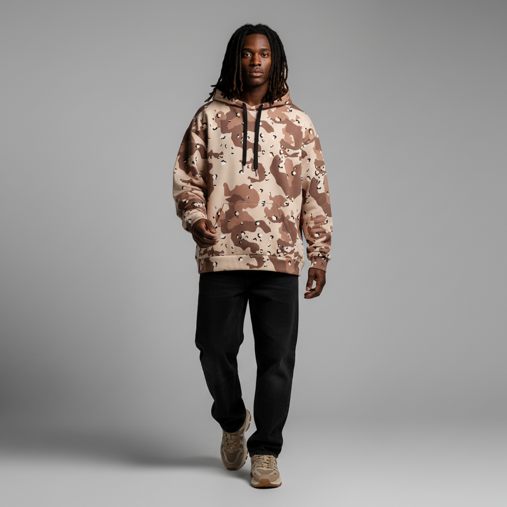 Person wearing a camouflage hoodie and black pants on a gray background