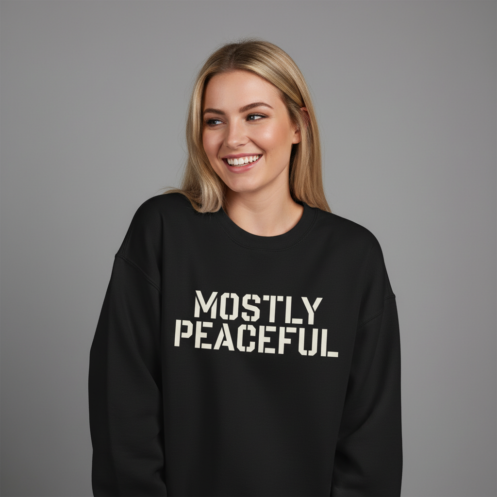 Person wearing a black sweatshirt with 'MOSTLY PEACEFUL' text on a gray background