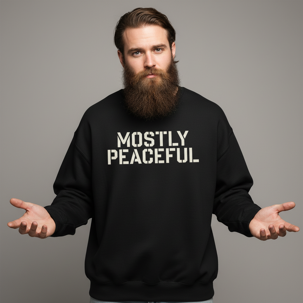 Man wearing a black sweatshirt with &#39;MOSTLY PEACEFUL&#39; text on a gray background