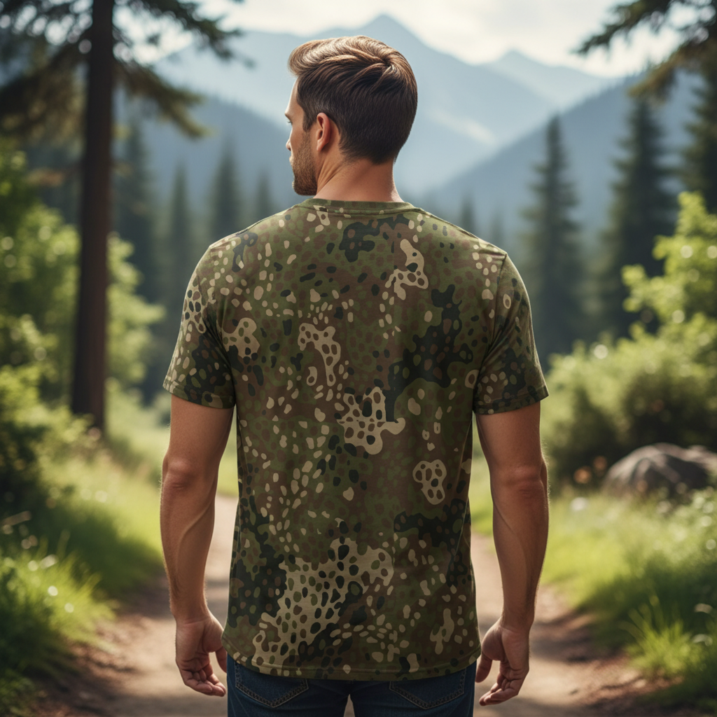Man wearing a Erbsenmuster Men’s Cotton Crew Neck camouflage t-shirt walking on a trail in a forest with mountains in the background