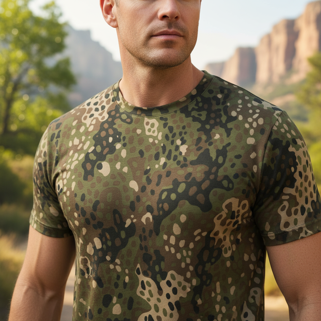 Man wearing a Erbsenmuster Men’s Cotton Crew Neck camouflage t-shirt with a natural landscape in the background