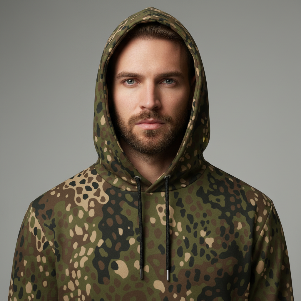 Man wearing a camouflage hoodie against a gray background