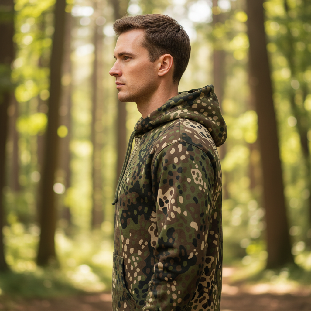 Man wearing a camouflage jacket in a forest setting