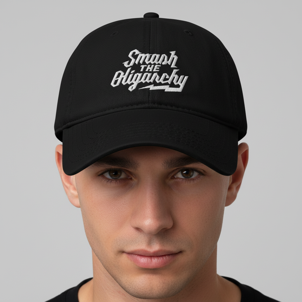 Black cap with 'Smash The Oligarchy' text on a white background