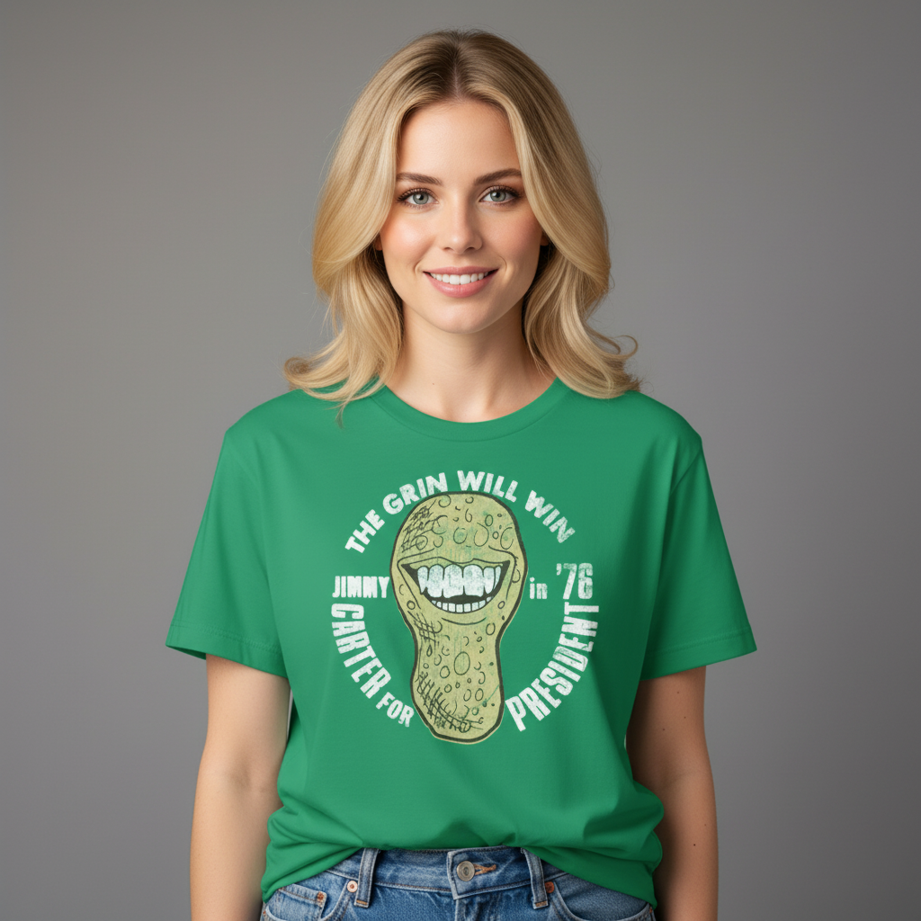 Person wearing a green t-shirt with a graphic design on a gray background