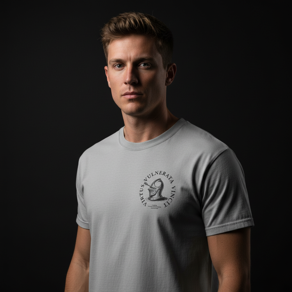 Man wearing a gray t-shirt with a logo on a black background