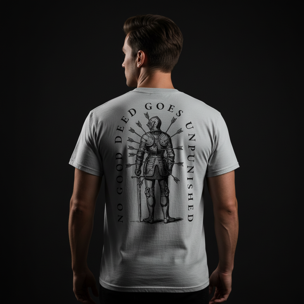 Man wearing a gray t-shirt with a graphic design and text on the back against a black background