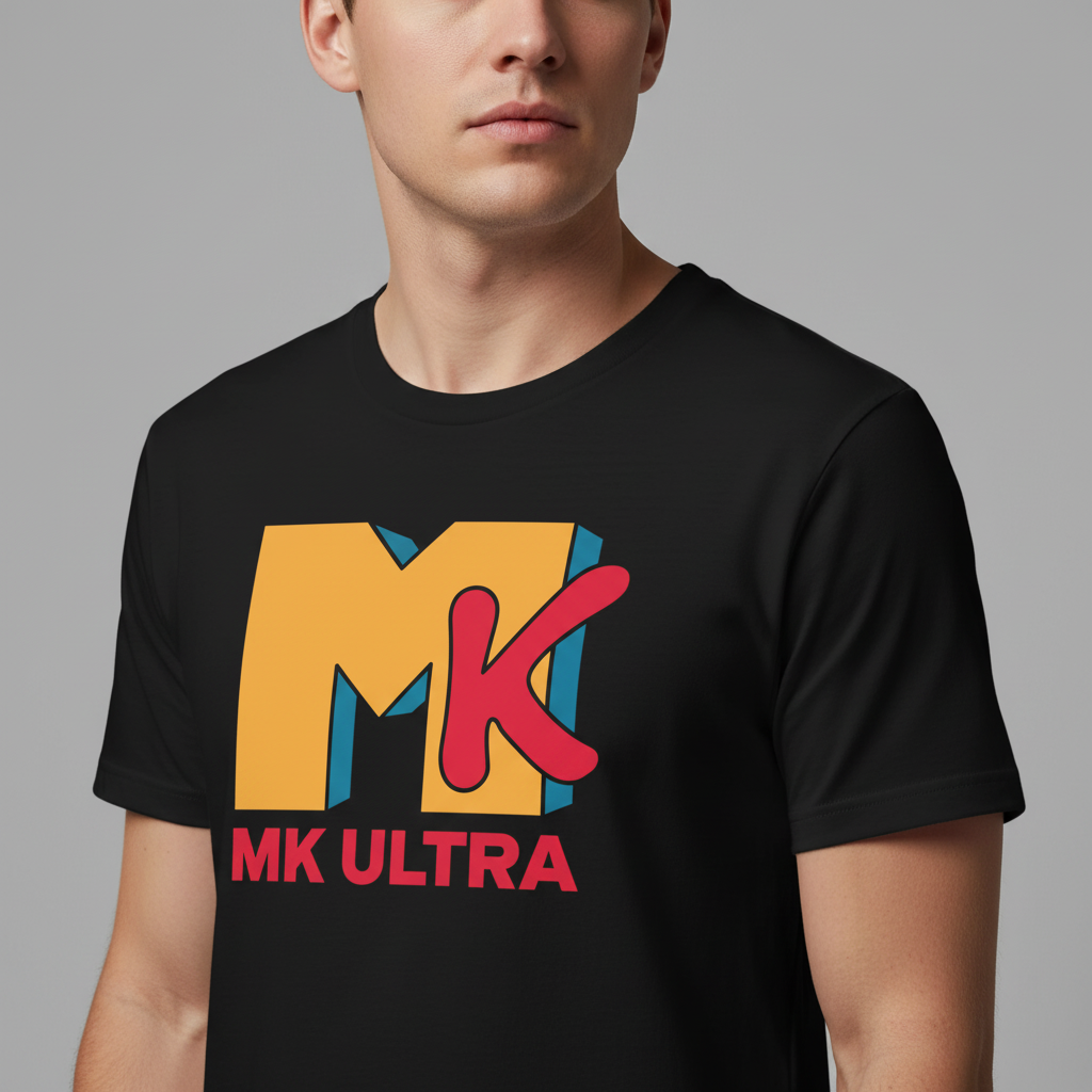 Person wearing a black t-shirt with colorful &#39;MK Ultra&#39; logo on a gray background