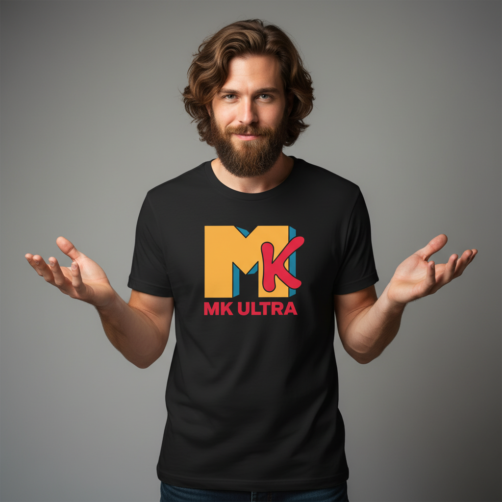 Man wearing a black t-shirt with &#39;MK Ultra&#39; logo on a gray background