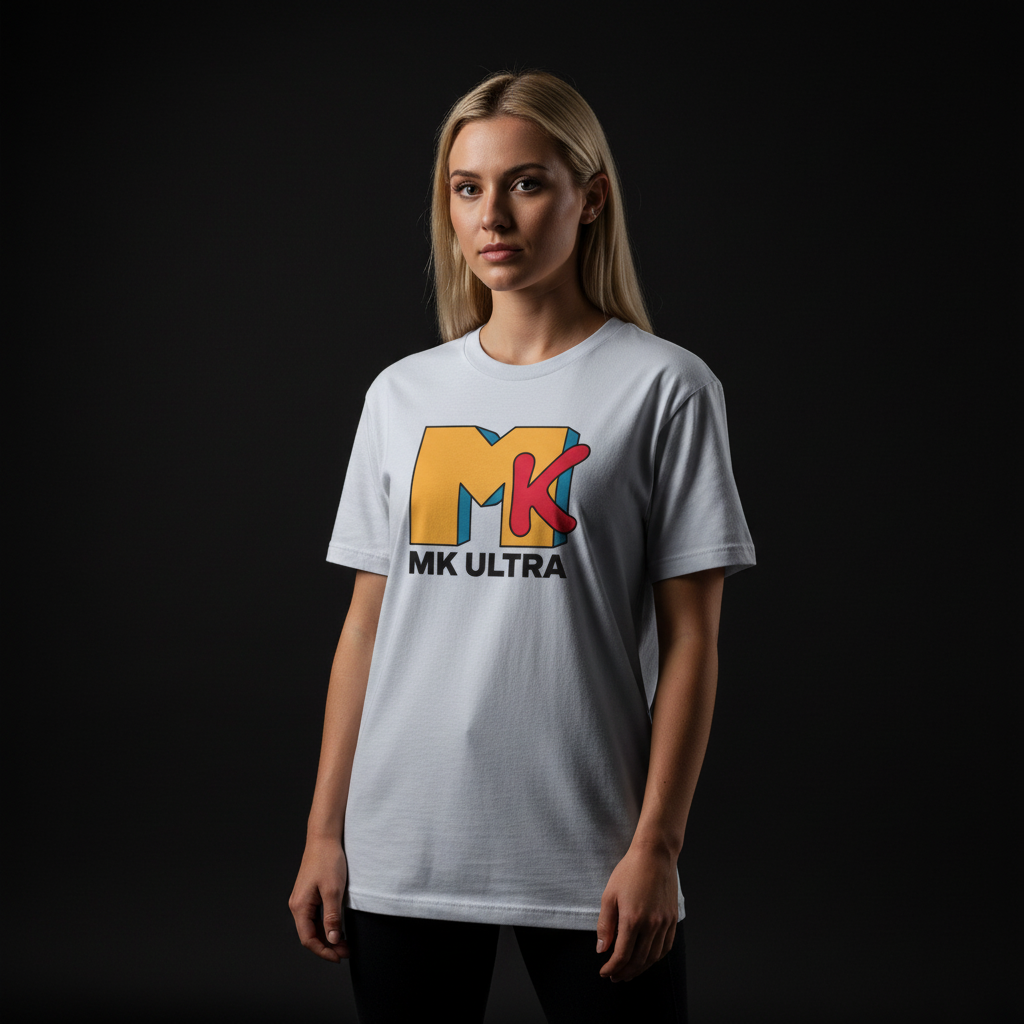 Person wearing a white t-shirt with colorful logo and text on a black background