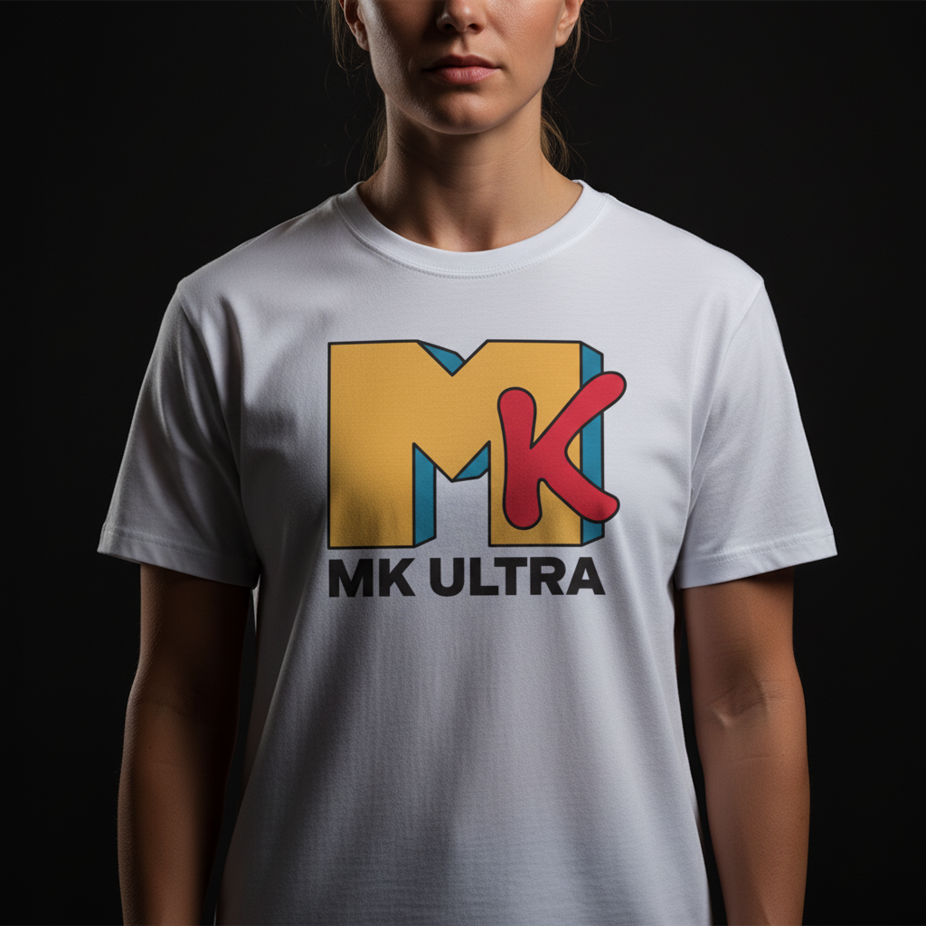 Woman wearing a white t-shirt with a colorful MKUltra parody logo by Liberty Maniacs t on a black background
