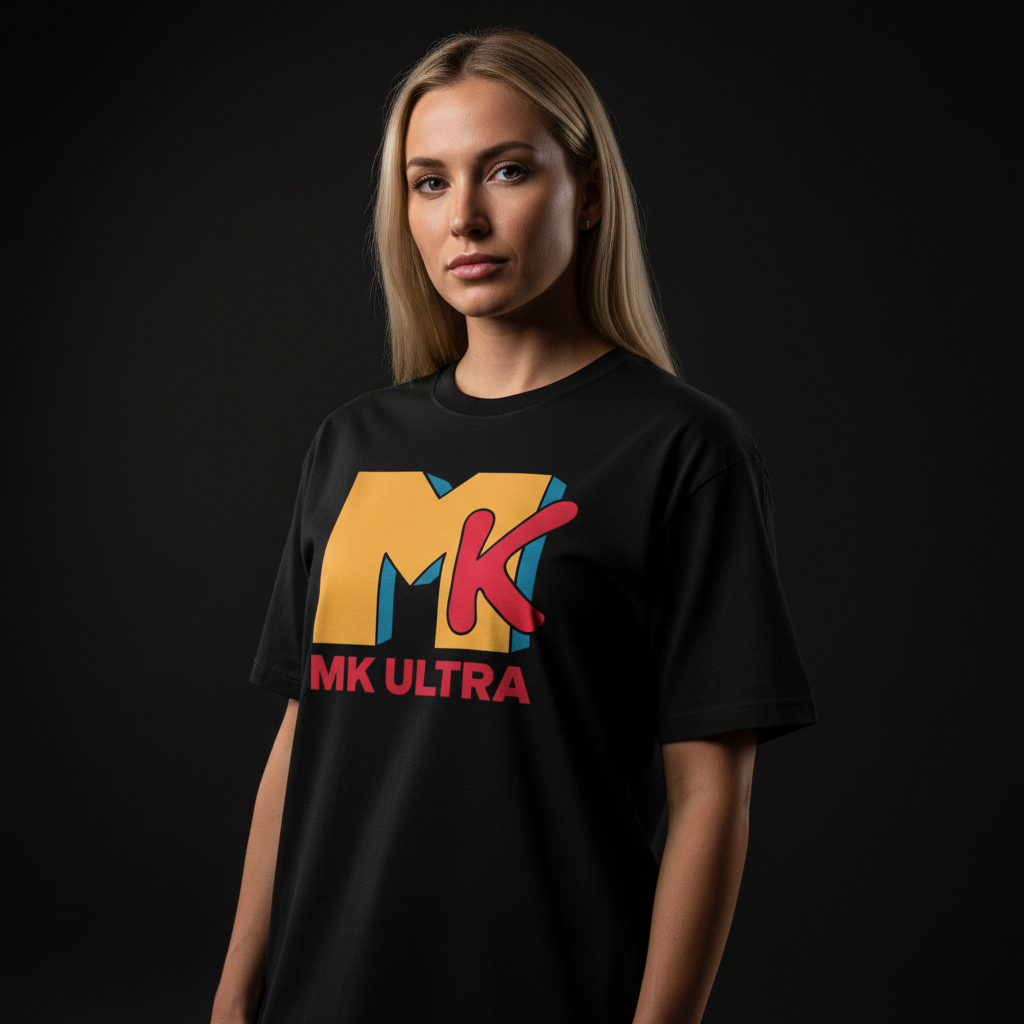 Person wearing a black t-shirt with colorful 'MK Ultra' logo on a dark background