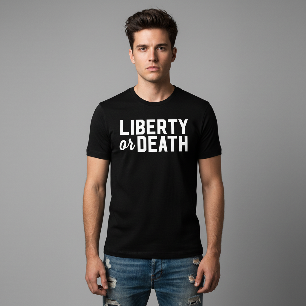 Man wearing a black t-shirt with 'LIBERTY or DEATH' text on a gray background