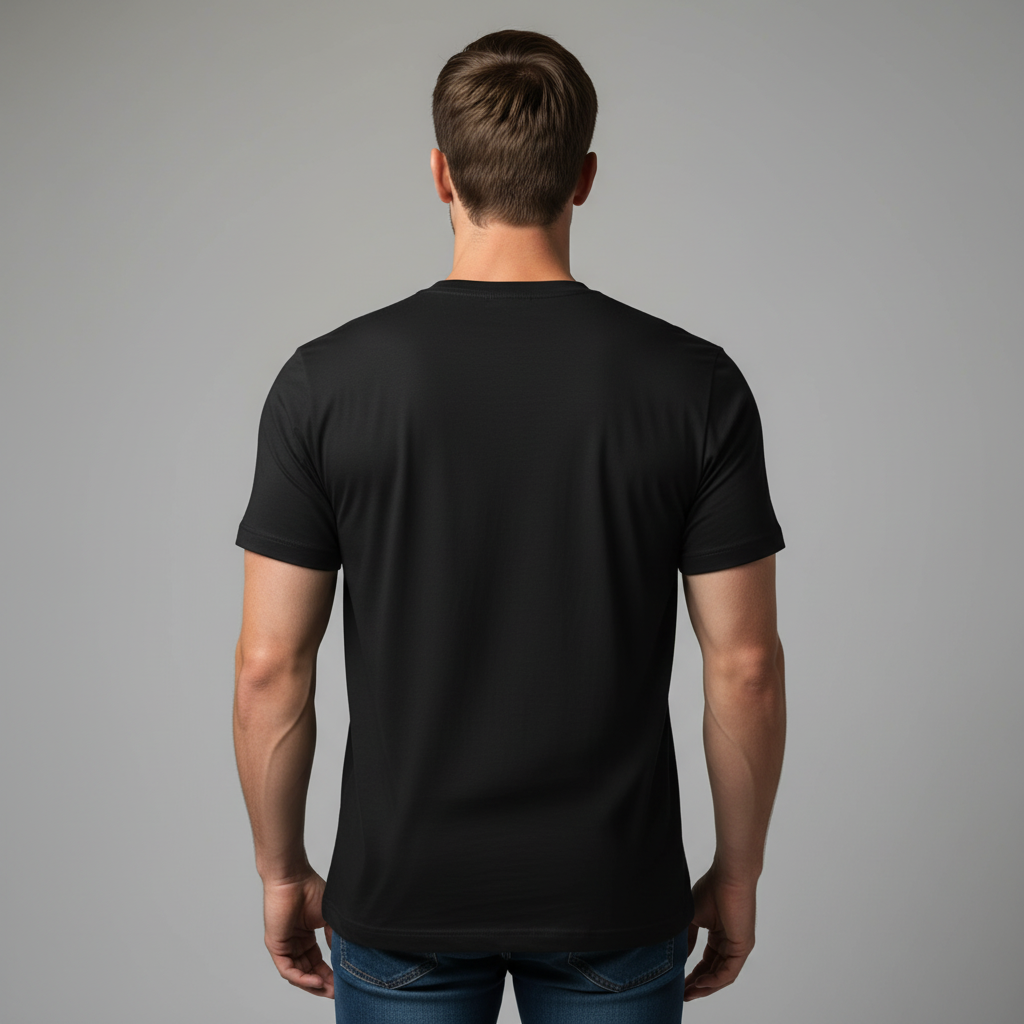 Man wearing a black t-shirt on a gray background