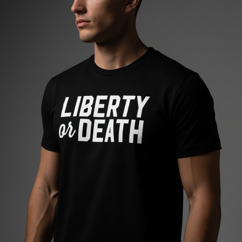 Person wearing a black t-shirt with &#39;LIBERTY or DEATH&#39; text on a dark background