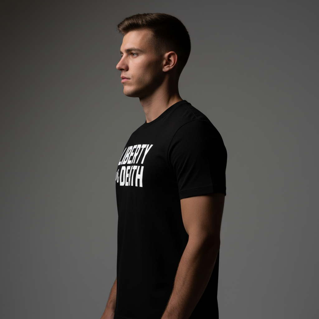 Man wearing a black t-shirt with white text on a gray background