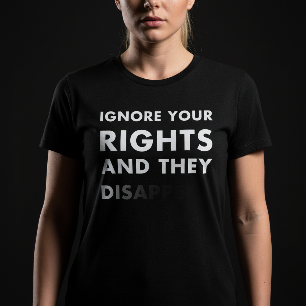 Woman wearing a black t-shirt with white text that says Ignore Your Rights and they Disappear.
