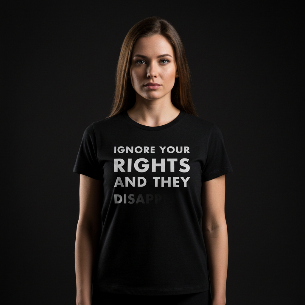 Woman wearing a black t-shirt with white text that says Ignore Your Rights and they Disappear.