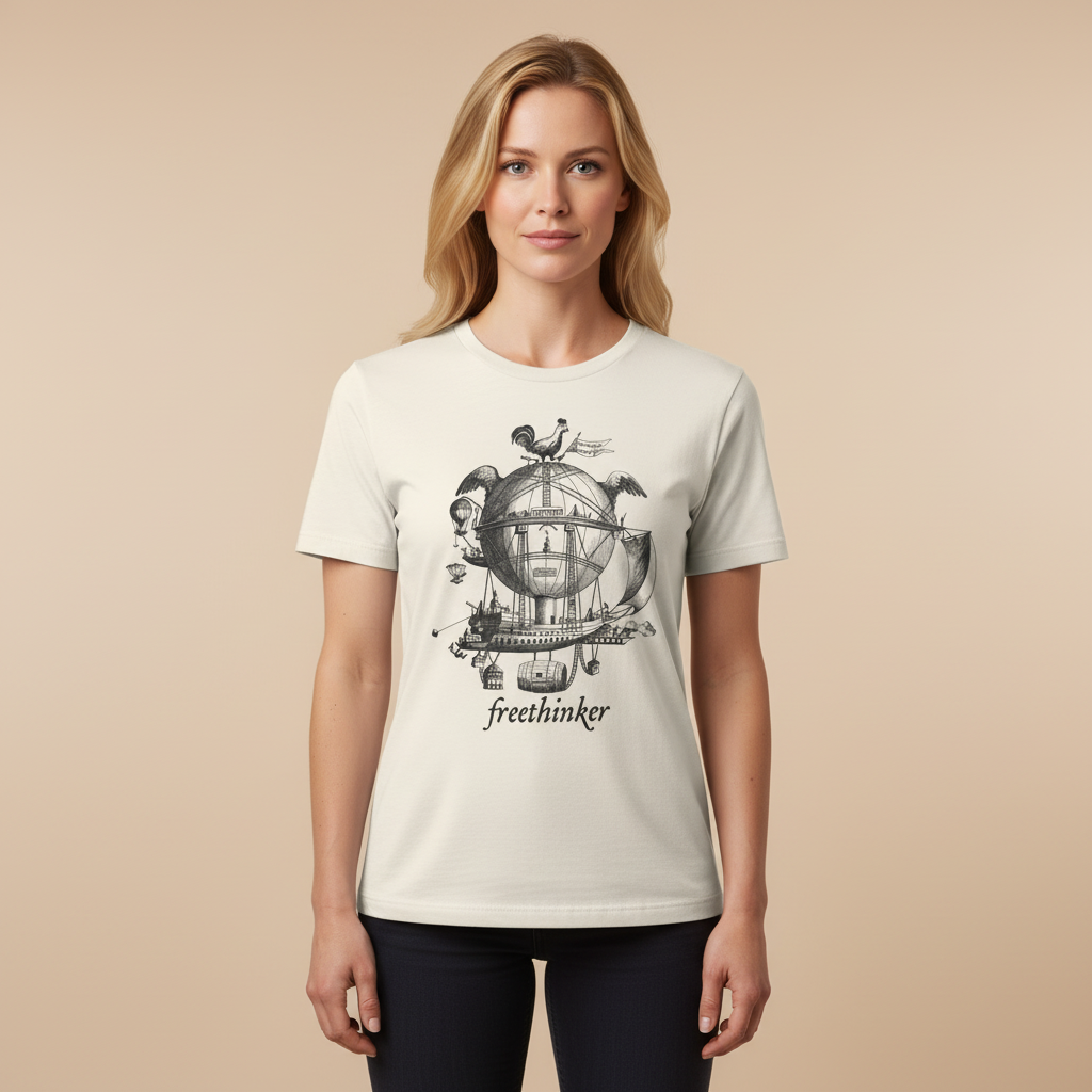 Woman wearing a white t-shirt with a graphic design and the word 'freethinker' on a beige background