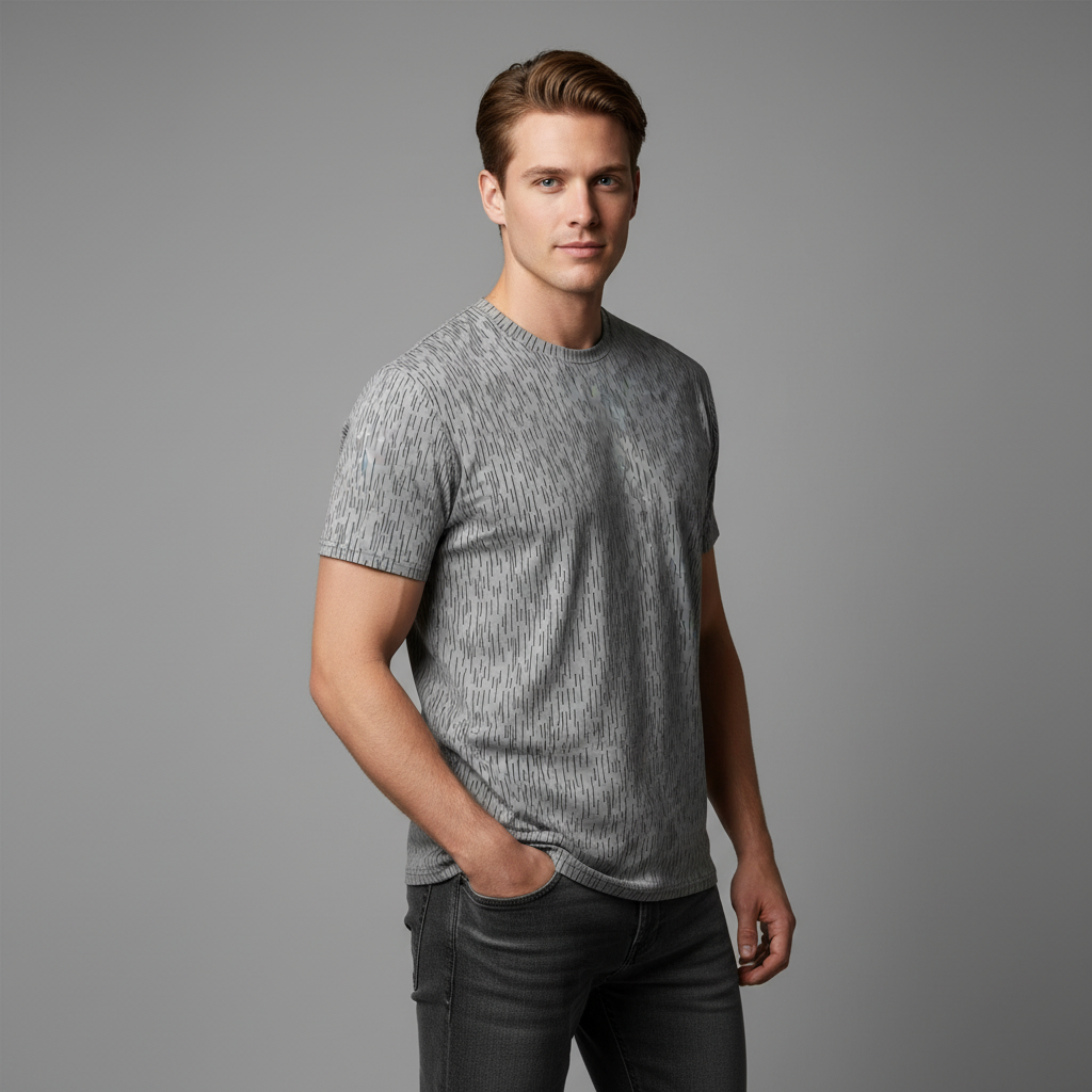 Man wearing a gray Strichtarn Line Camo Men’s T-Shirt and dark jeans against a gray background