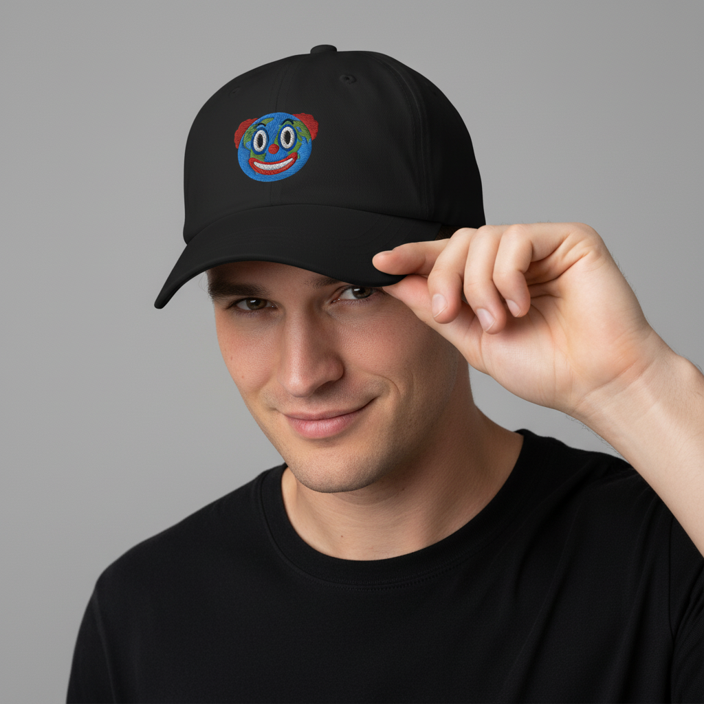 Man wearing a black Clown World embroidered capby Liberty Maniacs on a gray background