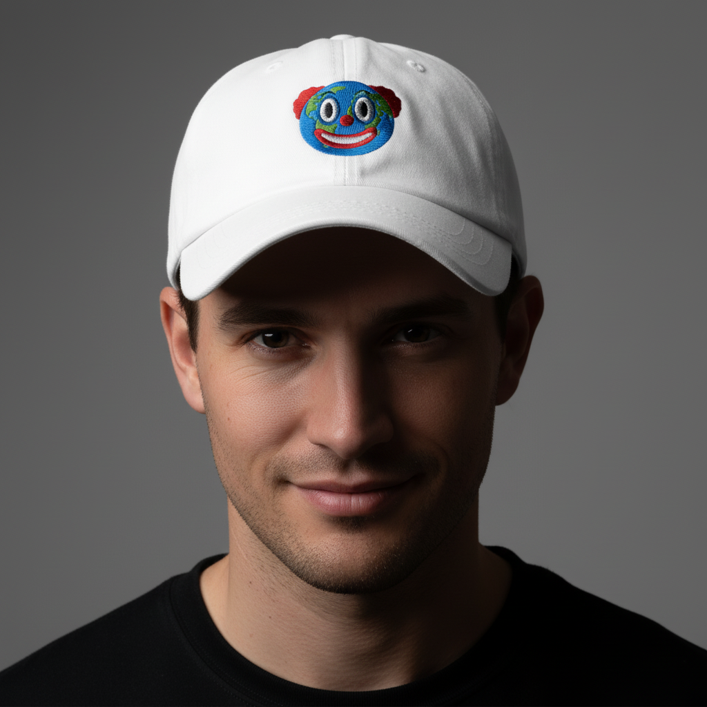Man wearing a white Clown World embroidered  hat with a colorful logo on a gray background by Liberty Maniacs.