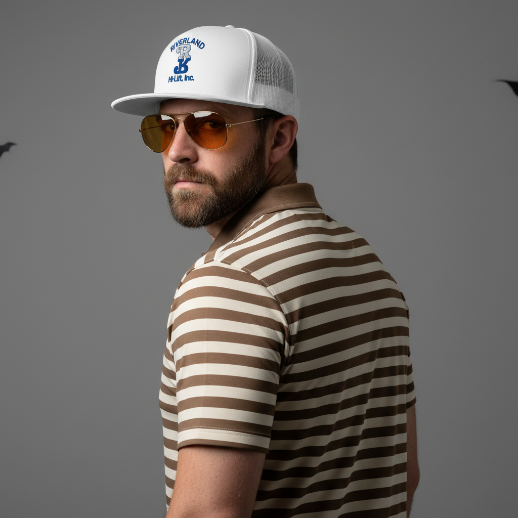 Man wearing a striped Gary Plauche &quot;No gary No&quot; polo and a Riverland Hi-Lift Inc Trucker Cap.