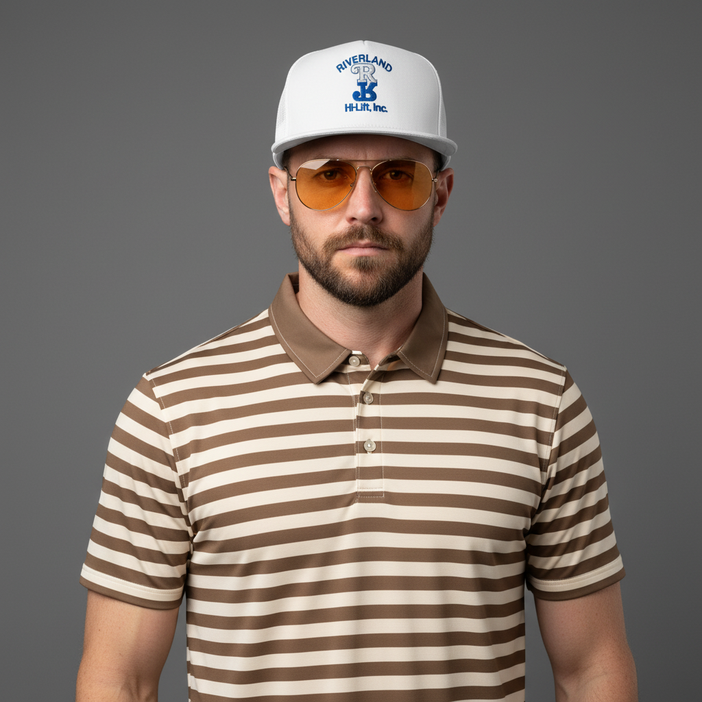 Man wearing a striped Gary Plauche "No gary No" polo and a Riverland Hi-Lift Inc Trucker Cap.