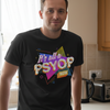 Man wearing a black t-shirt with colorful text in a kitchen