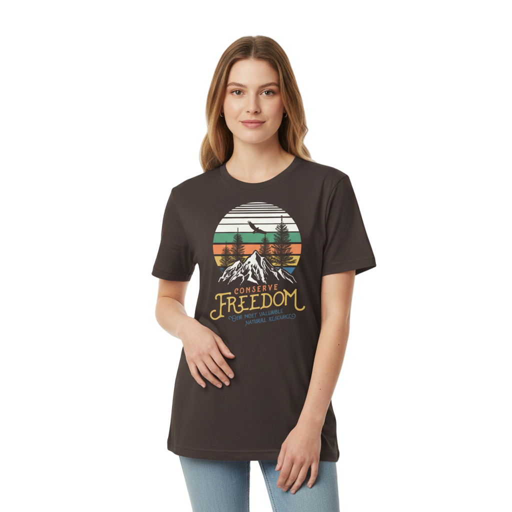 Woman wearing a dark gray t-shirt with a graphic design and text on a white background