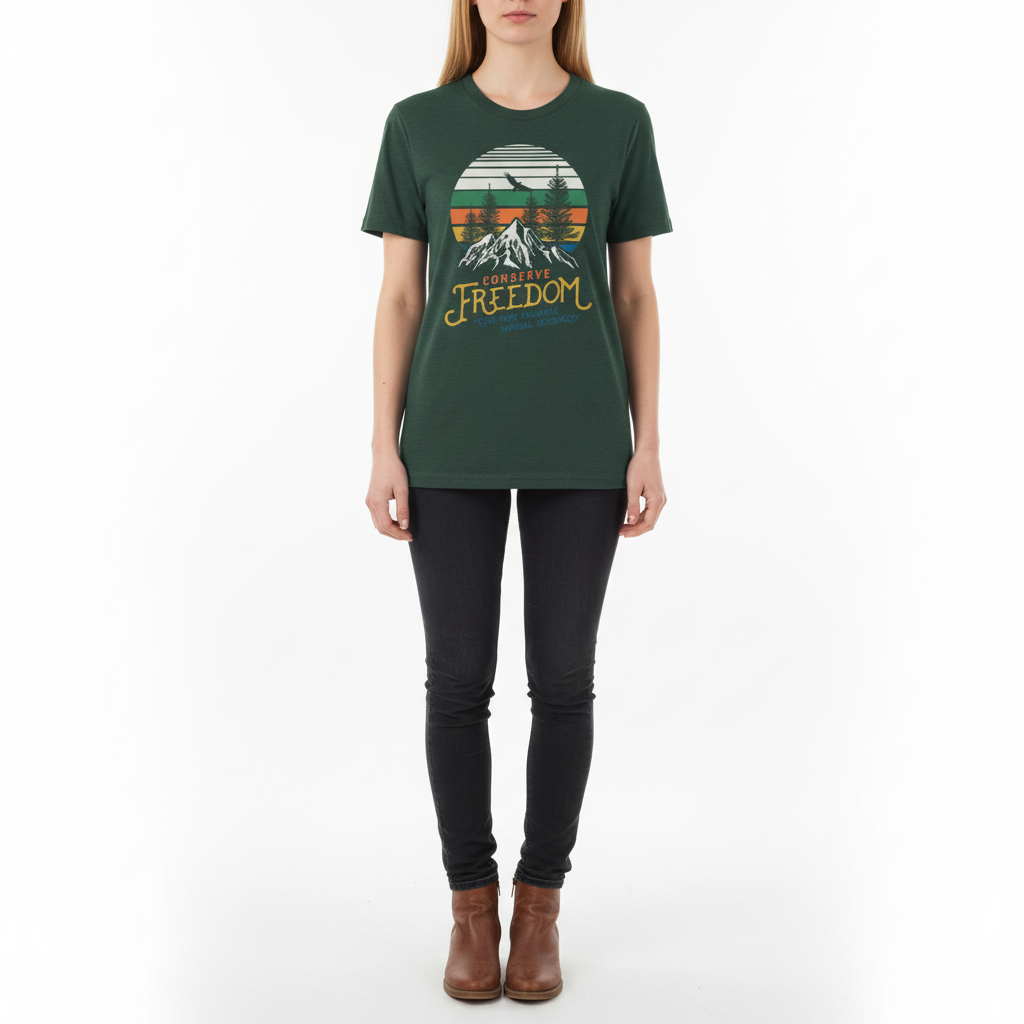 Person wearing a green t-shirt with a graphic design and text on a white background