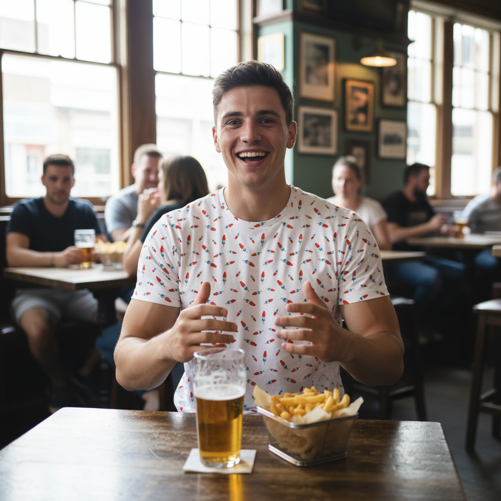 Man sitting at a bar with a beer and fries, surrounded by other patrons wearing a white t-shirt with colorful pattern shirt of bomb pops from Liberty Maniacs