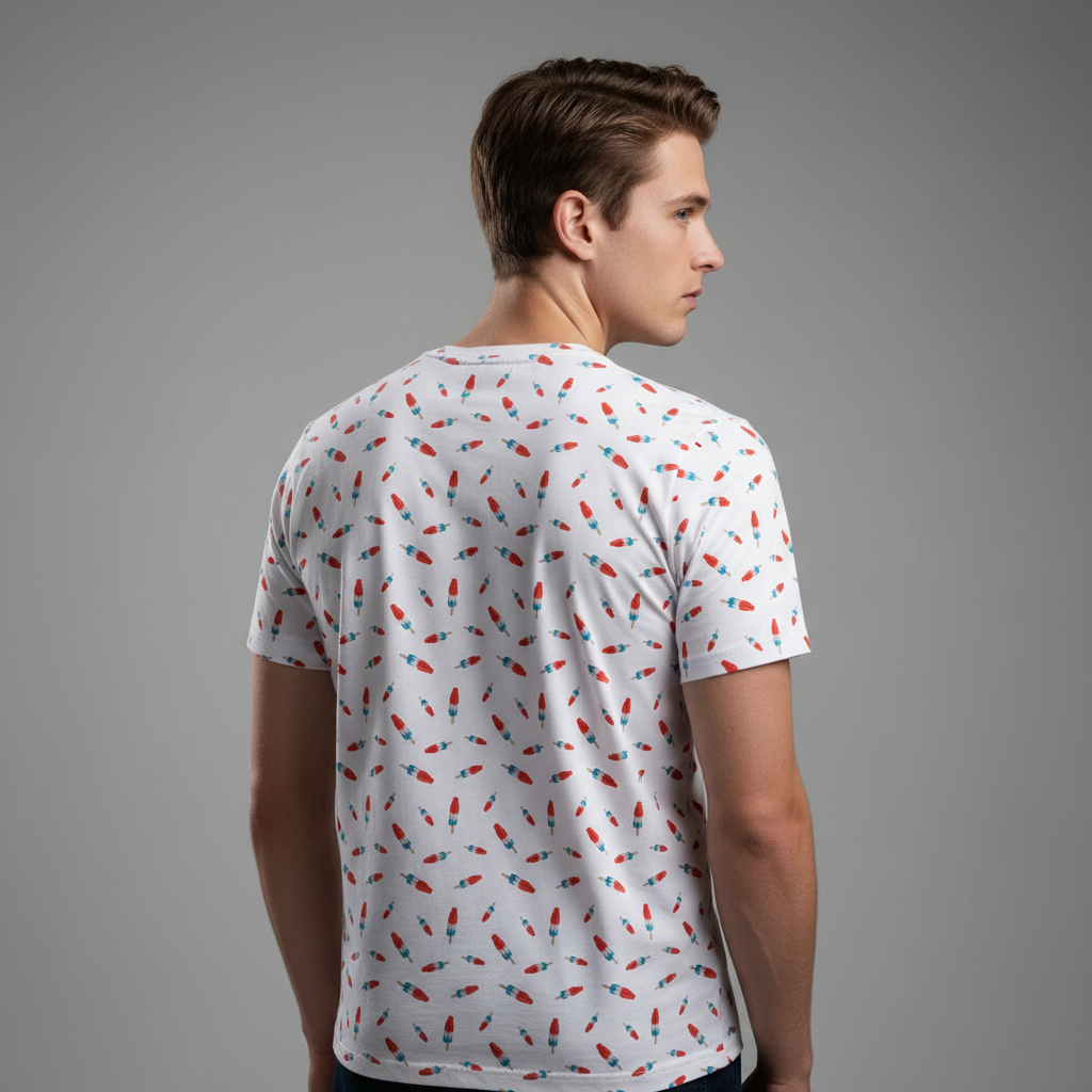 Man wearing a white t-shirt with colorful pattern on a gray background