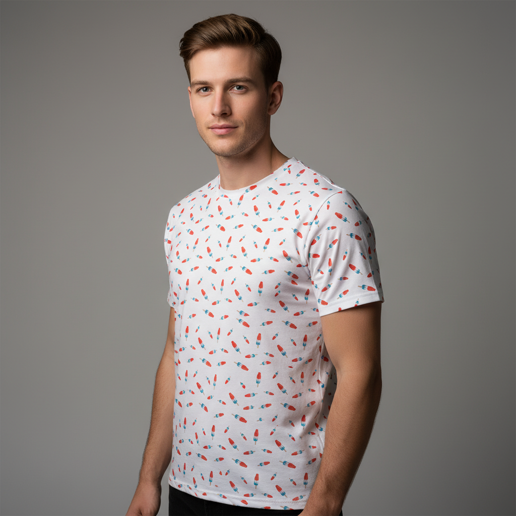 Man wearing a white t-shirt with colorful pattern shirt of bomb pops from Liberty Maniacs on a grey background