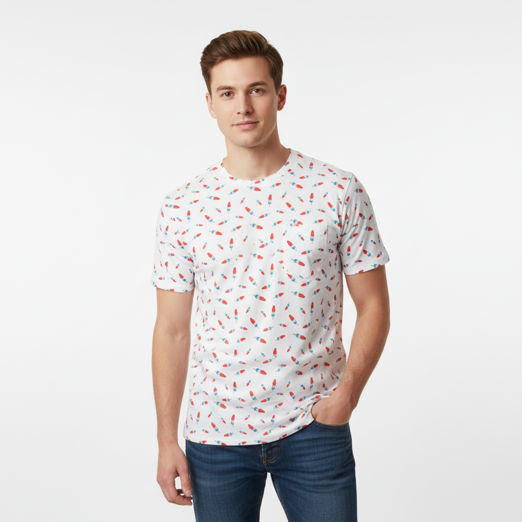 Man wearing a white t-shirt with colorful pattern shirt of bomb pops from Liberty Maniacs on a white background